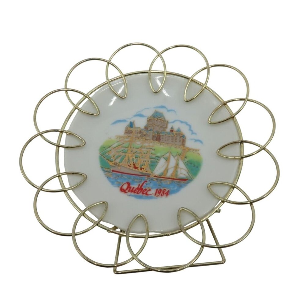 QUEBEC Canada 1984 Souvenir Plate with Metal Holder Made in Japan 80s Vintage